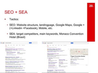 SEO + SEA 
 Tactics: 
• SEO: Website structure, landingpage, Google Maps, Google + 
(+Linkedin +Facebook), Mobile, etc. 
• SEA: target competitors, main keywords, Monaco Convention 
Hotel (Brasil) 
20. 
 