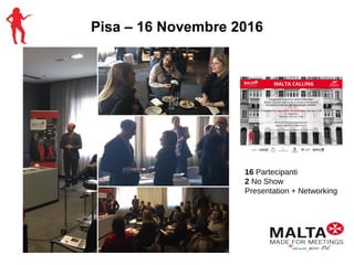 Pisa – 16 Novembre 2016
16 Partecipanti
2 No Show
Presentation + Networking
 