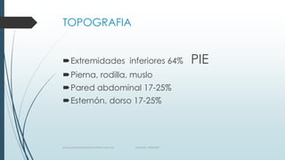 TOPOGRAFIA
Extremidades inferiores 64% PIE
Pierna, rodilla, muslo
Pared abdominal 17-25%
Esternón, dorso 17-25%
www.pharmedsolutionsinstitute.com.mx Informes. 36246001
 