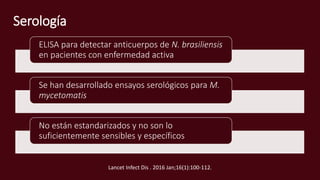 Serología
ELISA para detectar anticuerpos de N. brasiliensis
en pacientes con enfermedad activa
Se han desarrollado ensayos serológicos para M.
mycetomatis
No están estandarizados y no son lo
suficientemente sensibles y específicos
Lancet Infect Dis . 2016 Jan;16(1):100-112.
 