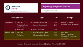 Cochrane Database of Systematic Reviews 2018, Issue 7. Art. No.: CD013082
Medicamento Dosis Vía Tiempo
Primera línea • TMP/SMX • 960 mg 2 veces al día Oral Mínimo: 12 meses
Continuar hasta la curación
• Amoxicilina/ácido
clavulánico
• 1 gramo 2 veces al día Oral
• Ácido fólico • 5 mg 1 vez al día Oral
Segunda línea • TMP/SMX • 8 mg/kg/día en 3 dosis Oral 1 a 4 ciclos
1 ciclo = 3 semanas
Intervalos de 2 semanas
entre ciclos
• Amikacina • 15 mg/kg/día en 2 dosis IV/IM
 