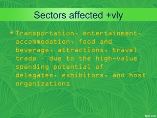 Sectors affected +vly
• Transportation, entertainment,
accommodation, food and
beverage, attractions, travel
trade – due to the high-value
spending potential of
delegates, exhibitors, and host
organizations