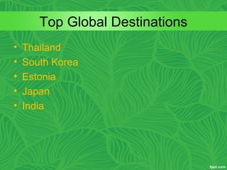 Top Global Destinations
• Thailand
• South Korea
• Estonia
• Japan
• India