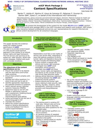 This poster decribes the evidence-
based ICF-related content
specification of mICF.
The goal is to provide content based
on a bio-psycho-social-spiritual
approach in the context of an ethical,
human rights and legal framework.
The first service user journeys to be
tested are: older persons, adults with
chronic diseases, children and youth
with vulnerable conditions.
mICF Work Package 2
Content Specifications
17-23 October 2015
Manchester
United Kingdom
Poster Number: 000
WHO - FAMILY OF INTERNATIONAL CLASSIFICATIONS NETWORK ANNUAL MEETING 2015
Title
Objectives
Stakeholders must face a new reality of
service user-driven data, responding in
ways that address questions of ethics,
human rights and legislative discourse.
The task includes the following steps:
• Ensure content is aligned with
ethical and human right practices
• Investigate how mICF could
strengthen clinical practice,
especially how mICF will move
ethics, human rights and legislative
boundaries as the concept of service
user-driven data becomes reality
• Address ethical dilemmas relating to
the linking between the mICF and
traditional records systems
• Explore ethical and human right
issues relating to data security, data
sharing, big data, research, policy
development, continuity of service
provision and interprofessional
practice.
Conclusions
1MarselisborgCentre, Aarhus University and Central Denmark Region, Denmark; 2National Institute for Health and
Welfare, Finland; 3ESTeSC Coimbra Health School, Portugal; 4McMaster University, Canada; 5JAMK University of
Applied Sciences, Finland; 6University of Stellenbosch, South Africa; 7Communication Supports Inventory – Children
and Youth (CSI-CY), United States; 8World Confederation for Physical Therapy, United Kingdom
• Set up the natural language
collection system and market it to
users and professionals to get their
input of words, terms, synonyms
- link to
• Link natural language to ICF
- link to
• Enable continuous natural
language collection and analysis to
enhance the mICF
www.icfmobile.org
We present the development of the content for the mobile ICanFunction (mICF) solution.
This is the second work package (WP2) in the mICF innovation and research work program. WP2 entails
close interaction between professionals and service user representatives for research-informed and
ethical content development for all consortium languages.
Introduction
Maribo T1, Anttila H2, Martins A3, Kraus de Camargo O4, Paltamaa J5, Snyman S6,
Steiner SAM7, Sykes C8, on behalf of the International mICF Partnership
The objectives of the content
specifications are to:
• Ensure the content to be aligned
with the best ethics and human
rights practices
• Ensure that content complies with
legislation
• Develop and refine questions (i.e.
what to ask and how to ask it)
• Identify appropriate responses to
the potential answers to questions
• Select relevant person-reported
outcome measures (PROMs)
• Determine ways to use ICF and
PROMs in optimising a service
user’s assessment, enabling shared
decision-making and
interprofessional goal setting.
• Utilise technology to link the use of
natural language to ICF
• Translate the content
• Refine the content specifications
based on iterative development
cycles and feedback from the in-
market experimentation.
Task 1: Ethics, Human
Rights, Legislation and
Training
Task 2: Defining the
relevant ICF content
for patient journeys
• The starting point is existing ICF
code sets; relevant sets are to be
selected (i.e. what to describe)
• Develop and refine questions for the
selected codes
• Identify appropriate qualifiers (i.e.
how to answer)
• An iterative process of repeated
testing and assessments will ensure
relevance and quality
• Content is refined based on results
from “Disciplined in-market
experimentation”
- link to
Task 5: Translation
into other languages
Task 3: Selection of
PROMs for the mICF to
facilitate outcome
monitoring over time
• Identify relevant valid, reliable
and responsive PROMs
• Negotiate regarding use
agreements
• Link PROMs to ICF
• Refine PROM use based on results
of the disciplined in-market
experimentation - link to
Task 4: Utilise
technology linking
natural language to
ICF
• Translate content using
international guidelines
• Cognitive debriefing and pilot
testing
- link to
• Refine the final version
• Translations will ensure
implementation of the mICF in
Impact and in economic evaluation
- link to
The content specifications are
divided into five different tasks:
WP4
C
@ICFmobile
Abstract
WP4
WP3
WP5
WP5 WP6
WP3
WP4
WP5
 