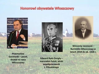 WSB
Wincenty Jaszewski -
Burmistrz Włoszczowy w
latach 1918 do ok. 1928 r.
Przemysław
Gosiewski – poseł,
działał na rzecz
Włoszczowy
Edward Rydz-Śmigły –
marszałek Polski, bliski
współpracownik
J. Piłsudskiego
 