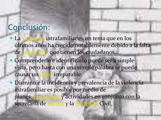 Conclusión:La violencia intrafamiliar es un tema que en los últimos años ha crecido notablemente debido a la falta de conciencia que tienen los ciudadanos.Comprenderlo e identificarlo puede ser a simple vista, pero hasta con una simple palabra se puede causar un daño irreparable.Disminuir la incidencia y prevalencia de la violencia intrafamiliar es posible por medio de planes, programas y actividades en conjunto con la secretaria de Estado y la Sociedad Civil.