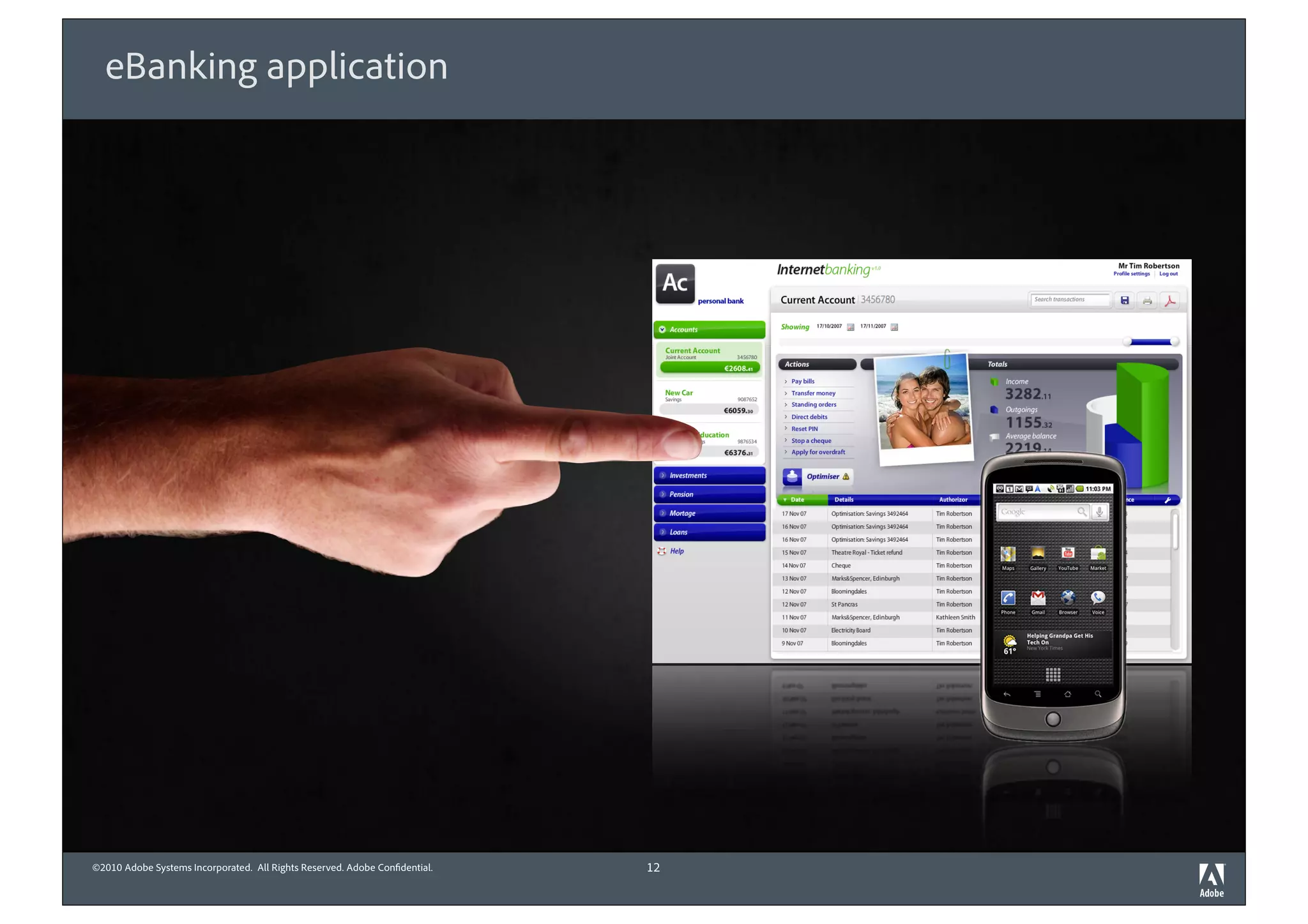 eBanking application




©2010 Adobe Systems Incorporated. All Rights Reserved. Adobe Con dential.   12
 