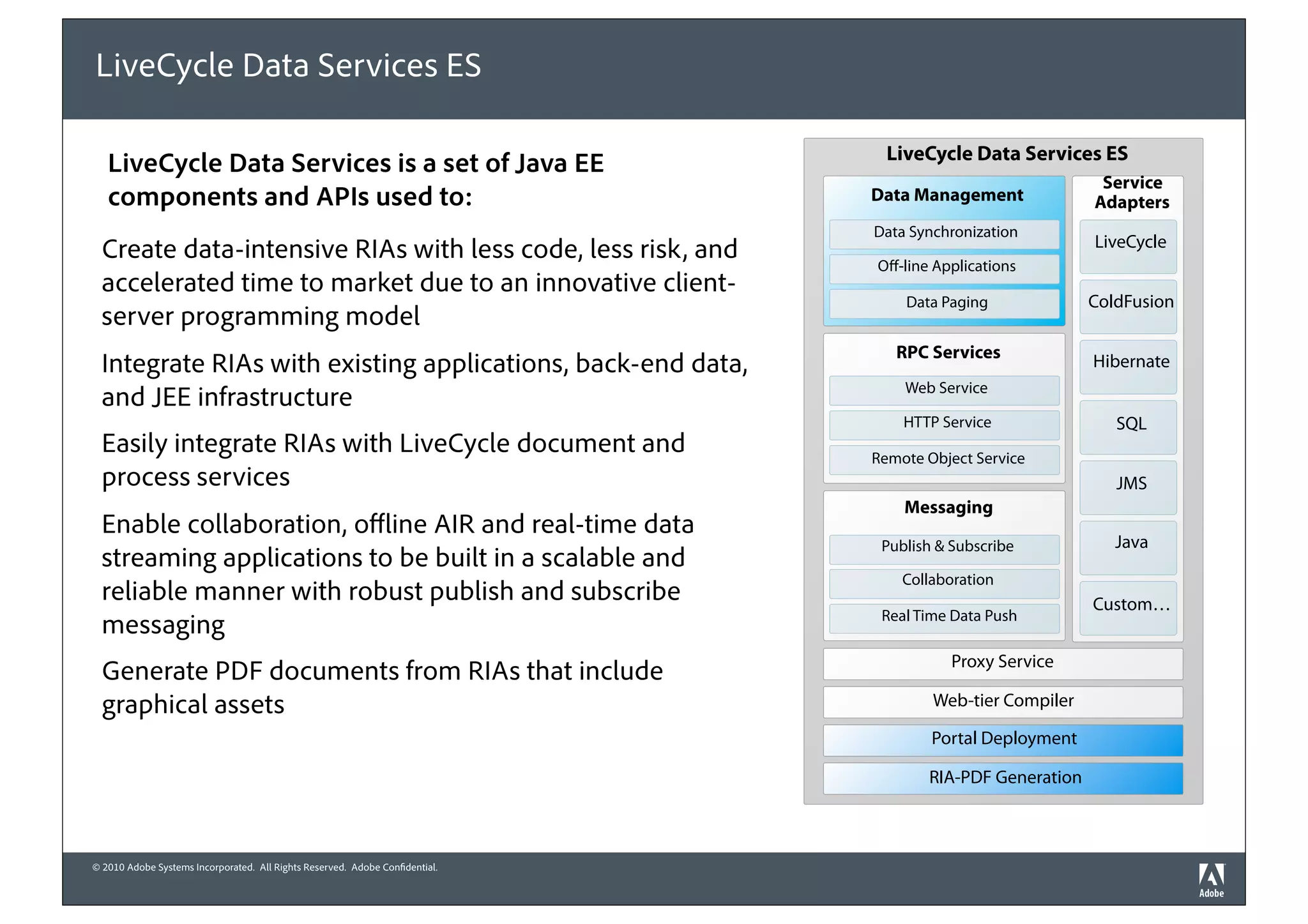 LiveCycle Data Services ES

                                                                               LiveCycle Data Services ES
   LiveCycle Data Services is a set of Java EE
                                                                                                          Service
   components and APIs used to:                                              Data Management             Adapters
                                                                             Data Synchronization
                                                                                                         LiveCycle
  Create data-intensive RIAs with less code, less risk, and                  O -line Applications
  accelerated time to market due to an innovative client-
                                                                                 Data Paging             ColdFusion
  server programming model
                                                                                RPC Services
  Integrate RIAs with existing applications, back-end data,                                              Hibernate
                                                                                 Web Service
  and JEE infrastructure
                                                                                 HTTP Service               SQL
  Easily integrate RIAs with LiveCycle document and                          Remote Object Service
  process services                                                                                          JMS
                                                                                 Messaging
  Enable collaboration, o ine AIR and real-time data
                                                                              Publish & Subscribe           Java
  streaming applications to be built in a scalable and
                                                                                 Collaboration
  reliable manner with robust publish and subscribe                                                      Custom…
                                                                              Real Time Data Push
  messaging
                                                                                        Proxy Service
  Generate PDF documents from RIAs that include
  graphical assets                                                                   Web-tier Compiler

                                                                                     Portal Deployment

                                                                                    RIA-PDF Generation



© 2010 Adobe Systems Incorporated. All Rights Reserved. Adobe Con dential.
 