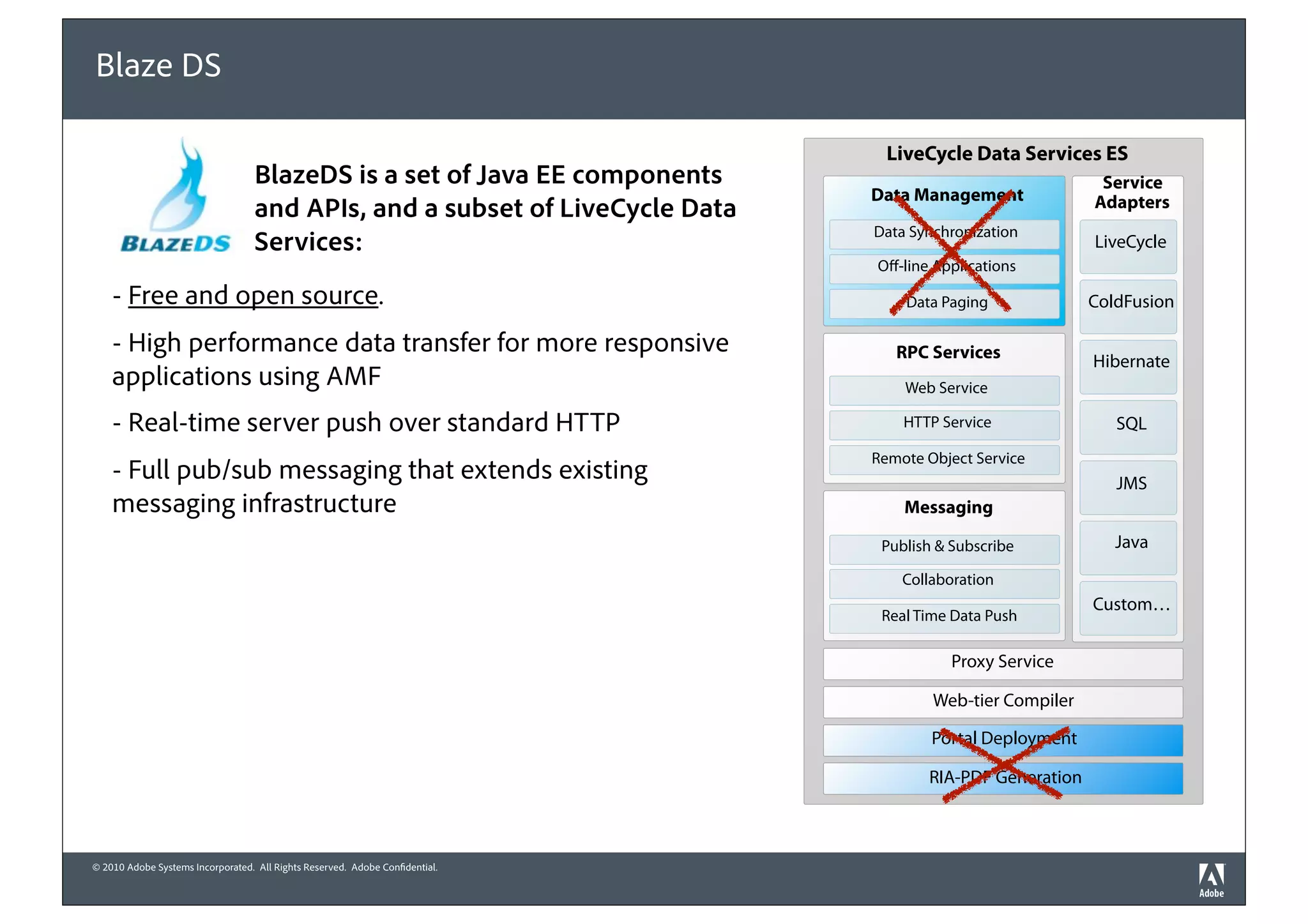 Blaze DS

                                                                               LiveCycle Data Services ES
                                  BlazeDS is a set of Java EE components                                  Service
                                                                             Data Management             Adapters
                                  and APIs, and a subset of LiveCycle Data
                                                                             Data Synchronization
                                  Services:                                                              LiveCycle
                                                                             O -line Applications

    - Free and open source.                                                      Data Paging             ColdFusion

    - High performance data transfer for more responsive                        RPC Services             Hibernate
    applications using AMF                                                       Web Service

    - Real-time server push over standard HTTP                                   HTTP Service               SQL
                                                                             Remote Object Service
    - Full pub/sub messaging that extends existing                                                          JMS
    messaging infrastructure                                                     Messaging

                                                                              Publish & Subscribe           Java
                                                                                 Collaboration
                                                                                                         Custom…
                                                                              Real Time Data Push

                                                                                        Proxy Service

                                                                                     Web-tier Compiler

                                                                                     Portal Deployment

                                                                                    RIA-PDF Generation



© 2010 Adobe Systems Incorporated. All Rights Reserved. Adobe Con dential.
 