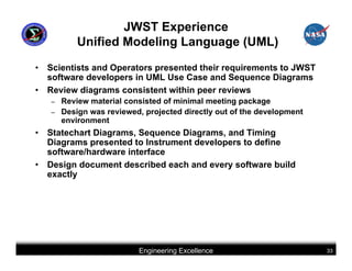 JWST Experience
            Unified Modeling Language (UML)
•   Scientists and Operators presented their requirements to JWST
    software developers in UML Use Case and Sequence Diagrams
•   Review diagrams consistent within peer reviews
    –   Review material consisted of minimal meeting package
    –   Design was reviewed, projected directly out of the development
        environment
•   Statechart Diagrams, Sequence Diagrams, and Timing
    Diagrams presented to Instrument developers to define
    software/hardware interface
•   Design document described each and every software build
    exactly




                           Engineering Excellence                        33
 