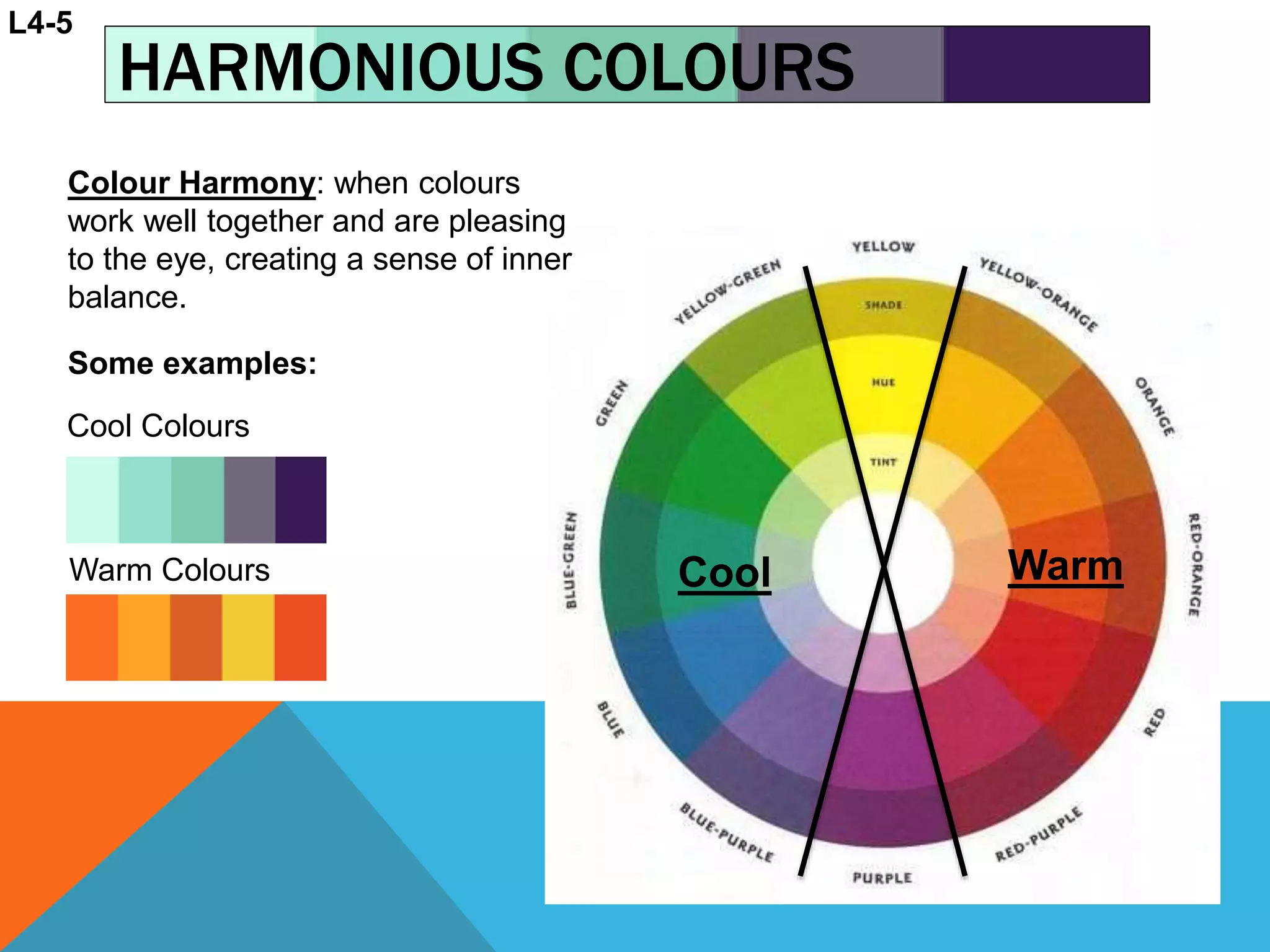 WarmCool
Colour Harmony: when colours
work well together and are pleasing
to the eye, creating a sense of inner
balance.
Warm Colours
Cool Colours
Some examples:
HARMONIOUS COLOURS
L4-5
 