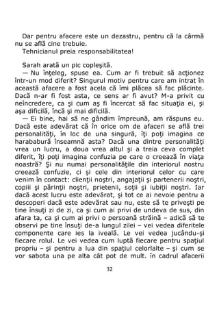 32
Dar pentru afacere este un dezastru, pentru că la cârmă
nu se află cine trebuie.
Tehnicianul preia responsabilitatea!
Sarah arată un pic copleşită.
— Nu înţeleg, spuse ea. Cum ar fi trebuit să acţionez
într-un mod diferit? Singurul motiv pentru care am intrat în
această afacere a fost acela că îmi plăcea să fac plăcinte.
Dacă n-ar fi fost asta, ce sens ar fi avut? M-a privit cu
neîncredere, ca şi cum aş fi încercat să fac situaţia ei, şi
aşa dificilă, încă şi mai dificilă.
— Ei bine, hai să ne gândim împreună, am răspuns eu.
Dacă este adevărat că în orice om de afaceri se află trei
personalităţi, în loc de una singură, îţi poţi imagina ce
harababură înseamnă asta? Dacă una dintre personalităţi
vrea un lucru, a doua vrea altul şi a treia ceva complet
diferit, îţi poţi imagina confuzia pe care o creează în viaţa
noastră? Şi nu numai personalităţile din interiorul nostru
creează confuzie, ci şi cele din interiorul celor cu care
venim în contact: clienţii noştri, angajaţii şi partenerii noştri,
copiii şi părinţii noştri, prietenii, soţii şi iubiţii noştri. Iar
dacă acest lucru este adevărat, şi tot ce ai nevoie pentru a
descoperi dacă este adevărat sau nu, este să te priveşti pe
tine însuţi zi de zi, ca şi cum ai privi de undeva de sus, din
afara ta, ca şi cum ai privi o persoană străină – adică să te
observi pe tine însuţi de-a lungul zilei – vei vedea diferitele
componente care ies la iveală. Le vei vedea jucându-şi
fiecare rolul. Le vei vedea cum luptă fiecare pentru spaţiul
propriu – şi pentru a lua din spaţiul celorlalte – şi cum se
vor sabota una pe alta cât pot de mult. în cadrul afacerii
 