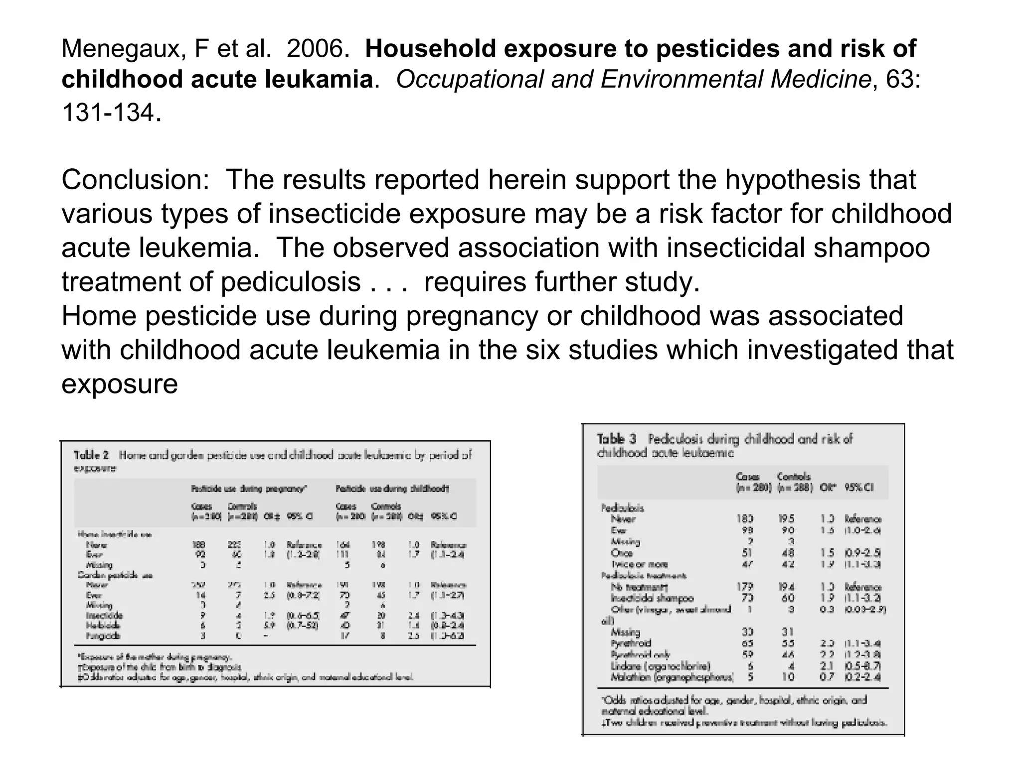 Menegaux, F et al.  2006.  Household exposure to pesticides and risk of childhood acute leukamia .  Occupational and Environmental Medicine , 63:  131-134 . Conclusion:  The results reported herein support the hypothesis that various types of insecticide exposure may be a risk factor for childhood acute leukemia.  The observed association with insecticidal shampoo treatment of pediculosis . . .  requires further study. Home pesticide use during pregnancy or childhood was associated with childhood acute leukemia in the six studies which investigated that exposure 