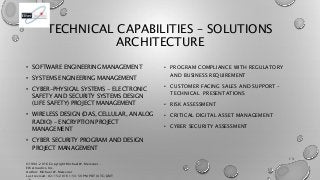 TECHNICAL CAPABILITIES – SOLUTIONS
ARCHITECTURE
• SOFTWARE ENGINEERING MANAGEMENT
• SYSTEMS ENGINEERING MANAGEMENT
• CYBER...