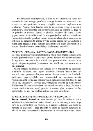 Pe parcursul anotimpurilor, e bine sa ne amintim ca iarna este
perioada in care energia profunda a organismului se reincarca si ca
primavera este perioada in care energiile incarcate explodeaza de
vitalitate. Natura, bine facuta, pare ca ne propune gripa in aceste 2
anotimpuri, chiar inaintea iernii pentru curatenia de toamna si, daca mi
se permite, primavara pentru a elimina toxinele din iarna. Starea
gripala este expresia dificultatii de a se proteja de exterior si necesitatea
evacuarii tensiunilor produse in noi, starea de oboseala si moleseala ne
obliga sa ne relaxam. O ultima privire asupra acestui subiect, adesea in
zilele care preceda gripa, suntem constipati sau avem dificultati in a
evacua. Totul reintra in normal dupa declansarea maladiei.
INFECTIA PULMONARA/PNEUMONIA/PNEUMOPATIA
Infectiile pulmonare sau pneumopatiile reiau bine inteles sensul global
asociat plamanilor cat si cel asociat gripei. Suntem aici si intr-o situatie
de agresiune exterioara, inca si mai clara pentru ca este cauzata de un
agent patogen important (pneumococ sau stafilococ) asa cum e cazul
pneumoniei.
Aceste infectii pulmonare ne vorbesc de o experienta de agresiune
puternica, datorata unui agent exterior. Suntem destabilizati de
atacurile unei persoane din jurul nostru. Aceste atacuri pot fi subtile,
subterane, imperceptibile dar sentimentul de agresiune exista.
Pneumonia este forma cea mai grava din seria agresiunilor de acest gen
(reale sau imaginare). In orice caz, capacitatea noastra de a ne apara se
diminueaza. Nu mai avem forta sau capacitatea de a o face. Suntem in
pericol (resimtita sau reala) pentru ca suntem fara aparare in fata
agresorului, cu atat mai mult cu cat nu este inca identificat.
ASTMUL/ TUSEA (ABUNDENTA, USCATA)/BRONSITA
Tusea, astmul, bronsitele sunt semne pe care le resimtim ca o
solicitare importanta din exterior, atunci cand nu este o agresiune, si pe
care nu o cunoastem, nu reusim sa o geram. Suferinta sau boala ne
permite sa evacuam. Tusea iritanta ne arata ca aceasta agresiune ne
irita si ne este insuportabila, facandu-ne sa reactionam violent. Tusea

134

 