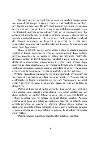 Sa luam un ex. Un copil care se naste cu urechea dreapta putin
mai mare decat stanga va avea o relatie si o dependenta de ascultare
privilegiata cu tatal sau. De ce? Daca copilul s-a nascut cu aceasta
ureche mai mare este pentru ca ea s-a format astfel inaintea nasterii, ea
s-a structurat in acesta forma in Cerul Anterior, in non-manifestare. La
acest nivel, dreapta este in raport cu simbolul patern si stanga este in
raport cu simbolul matern. Tot ceea ce va veni de la tatal sau, vorbind
de educatie si cultura, va fi privit si perceput cu o mai mare
sensibilitate, cu o mai mare ascultare dar fara indoiala, de asemenea, cu
o mai mare dependenta.
Daca in schimb, acelasi copil acuza o otita la urechea dreapta
suntem in lumea manifesta, in ceea ce traieste copilul dupa nastere,
urechea dreapta este de acum in relatie cu simbolica maternala,
deoarece suntem in Cerul Posterior, manifest. Copilul este cel care a
declansat o manifestare simptomatica in corpul fizic prezent dupa
nasterea sa. Aici lateralitatea se inverseaza si dreapta vine in relatie cu
simbolica maternala. Aceasta otita ve semnifica ca el nu vrea sa auda
ceea ce vine de la mama sa, ca ceea ce aude de la ea nu-l satisface.
Probabil tipa adesea sau isi petrecea timpul spunandu-i “fii atent”, nu
face asta ca o sa cazi, o sa-ti faci rau, o sa racesti…”. Asta nu este in
contradictie cu forma si marimea urechii care “semnaleaza” ca acest
copil “ prefera” sa auda si sa asculte ceeea ce vine de la tata, ci
dimpotriva.
Putem sa luam un al doilea exemplu. Este cazul unei persoane
care viseaza ca-si suceste glezna stanga. Desi acest incident are loc
dupa nasterea sa, suntem totusi, in acest caz, in non-manifestat, in
virtual, deoarece totul se petrece in oniric (lumea visului). Aceasta
entorsa va fi pusa in legatura cu simbolica materna. In schimb, daca
aceasta persoana isi suceste cu adevarat glezna stanga, suntem in
manifestat si acesta entorsa primeste, in acest caz, o simbolica paterna
si poate exprima, de ex, o problema de pozitie, de atitudine reletionala
cu un barbat.
Putem sintetiza simbolica lateralitatilor in tabelul urmator.

15

 