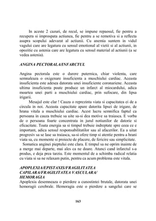 In aceste 2 cazuri, de recul, se impune repaosul, fie pentru a
recupera si improspata actiunea, fie pentru a se remotiva si a reflecta
asupra scopului adevarat al actiunii. Cu anemia suntem in vidul
vagului care are legatura cu sensul emotional al vietii si al actiunii, in
opozitie cu astenia care are legatura cu sensul material al actiunii (a se
vedea astenia).
ANGINA PECTORALA/INFARCTUL
Angina pectorala este o durere puternica, chiar violenta, care
semnaleaza o oxigenare insuficienta a muschiului cardiac. Aceasta
insuficienta este adesea datorata unei insuficiente coronariene. Aceasta
ultima insuficienta poate produce un infarct al miocardului, adica
moartea unei parti a muschiului cardiac, prin sufocare, din lipsa
irigarii.
Mesajul este clar ! Cauza o reprezinta viata si capacitatea ei de a
circula in noi. Aceasta capacitate apare datorita lipsei de irigare, de
hrana vitala a muschiului cardiac. Acest lucru semnifica faptul ca
persoana in cauza trebuie sa uite sa-si dea motive sa traiasca. E vorba
de o persoana foarte concentrata in jurul notiunilor de datorie si
eficacitate. Toata energia sa si timpul trebuie indreptate spre ceea ce e
important, adica sensul responsabilitatilor sau al afacerilor. Ea a uitat
progresiv sa se lase sa traiasca, sa-si ofere timp si atentie pentru a hrani
viata sa, cu momente si proiecte de placere, de fericire sau simplicitate.
Somatica anginei pieptului este clara. E timpul sa ne oprim inainte de
a merge mai departe, mai ales ca ne doare. Atunci cand infarctul s-a
produs, e deja prea tarziu. Este momentul de a schimba radical relatia
cu viata si sa ne relaxam putin, pentru ca acum problema este vitala.
APOPLEXIA/EPISTAXIS/FRAGILITATEA
CAPILARA/FRAGILITATEA VASCULARA/
HEMORAGIA
Apoplexia desemneaza o pierdere a cunostintei brutale, datorata unei
hemoragii cerebrale. Hemoragia este o pierdere a sangelui care se

163

 