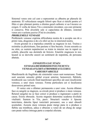 Sistemul venos este cel care e reprezentat cu albastru pe plansele de
anatomie. El vehiculeaza sangele folosit spre ficat si rinichi pentru a-l
filtra si spre plamani pentru a elimina gazul carbonic si sa-l incarce cu
oxigen. E vorba de latura Yin a sistemului circulator, cea care primeste
si conserva. Prin alveolele sale si capacitatea de dilatare, sistemul
venos are o actiune pasiva (Yin) in circulatie.
PROBLEMELE VENOASE
Problemele venoase exprima dificultatea nostra de a accepta sau de a
primi viata, dragostea si de a le oferi un loc in interiorul nostru.
Avem greutati in a impiedica emotiile sa stagneze in noi. Trairea e
resimtita ca plictisitoare, fara pasiune si fara bucurie. Avem senzatia ca
nu stim, ca suntem neputinciosi sa traim in interior sau in raport cu
ceilalti, placerile sau dorintele de fericire. Emotiile stagneaza in noi,
lasand sa se dezvolte uneori un sentiment de neputinta, de persoana
abatuta.
CONGESTIA SAU STAZA
VENOASA/HEMOROIZII/INSUFICIENTA
VENOASA/FLEBITA/TROMBOZA/ULCERUL
VARICOS/VARICELE
Manifestarile de fragilitate ale sistemului venos sunt numeroase. Toate
sunt asociate sensului global evocat anterior, hemoroizii, flebitele,
trombozele sau varicele fiind manifestari specifice ale unei insuficiente
venoase, a unei staza venoase. Forma particulara cat si localizarea
desavarsesc primul sens.
O varice este o dilatare permanenta a unei vene. Acesta dilatare
face ca sangele sa stagneze, sa circule prost si produce o staza venoasa.
Returul sangelui nu se face corect si produce o ingreunare a partii in
cauza. Exista oboseala. Acesta stagnare determina scaderea nivelului
vitalitatii. Suntem in Yin, pasiv. Structurii venelor ii lipseste
tonicitatea, datorita lipsei tonicitatii persoanei, sau a unei oboseli
acumulate. Aceasta staza venoasa poate merge pana in a produce o
flebita sau tromboza, adica o obturare a venei de un cheag de sange
care poate sufoca intreaga parte a corpului afectata.

167

 
