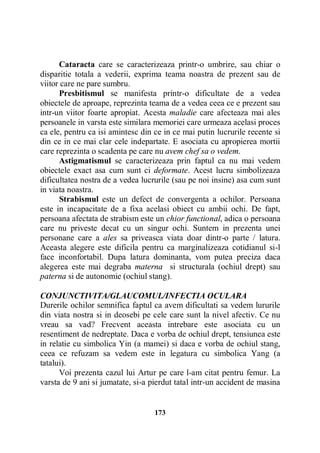 Cataracta care se caracterizeaza printr-o umbrire, sau chiar o
disparitie totala a vederii, exprima teama noastra de prezent sau de
viitor care ne pare sumbru.
Presbitismul se manifesta printr-o dificultate de a vedea
obiectele de aproape, reprezinta teama de a vedea ceea ce e prezent sau
intr-un viitor foarte apropiat. Acesta maladie care afecteaza mai ales
persoanele in varsta este similara memoriei care urmeaza acelasi proces
ca ele, pentru ca isi amintesc din ce in ce mai putin lucrurile recente si
din ce in ce mai clar cele indepartate. E asociata cu apropierea mortii
care reprezinta o scadenta pe care nu avem chef sa o vedem.
Astigmatismul se caracterizeaza prin faptul ca nu mai vedem
obiectele exact asa cum sunt ci deformate. Acest lucru simbolizeaza
dificultatea nostra de a vedea lucrurile (sau pe noi insine) asa cum sunt
in viata noastra.
Strabismul este un defect de convergenta a ochilor. Persoana
este in incapacitate de a fixa acelasi obiect cu ambii ochi. De fapt,
persoana afectata de strabism este un chior functional, adica o persoana
care nu priveste decat cu un singur ochi. Suntem in prezenta unei
personane care a ales sa priveasca viata doar dintr-o parte / latura.
Aceasta alegere este dificila pentru ca marginalizeaza cotidianul si-l
face inconfortabil. Dupa latura dominanta, vom putea preciza daca
alegerea este mai degraba materna si structurala (ochiul drept) sau
paterna si de autonomie (ochiul stang).
CONJUNCTIVITA/GLAUCOMUL/INFECTIA OCULARA
Durerile ochilor semnifica faptul ca avem dificultati sa vedem lururile
din viata nostra si in deosebi pe cele care sunt la nivel afectiv. Ce nu
vreau sa vad? Frecvent aceasta intrebare este asociata cu un
resentiment de nedreptate. Daca e vorba de ochiul drept, tensiunea este
in relatie cu simbolica Yin (a mamei) si daca e vorba de ochiul stang,
ceea ce refuzam sa vedem este in legatura cu simbolica Yang (a
tatalui).
Voi prezenta cazul lui Artur pe care l-am citat pentru femur. La
varsta de 9 ani si jumatate, si-a pierdut tatal intr-un accident de masina

173

 