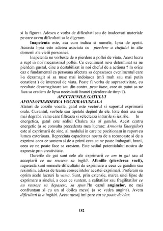 si la figurat. Adesea e vorba de dificultati sau de inadecvari materiale
pe care avem dificultati sa le digeram.
Inapetenta este, asa cum indica si numele, lipsa de apetit.
Aceasta lipsa este adesea asociata cu pierdere a chefului in alte
domenii ale vietii persoanei.
Inapetenta ne vorbeste de o pierdere a poftei de viata. Acest lucru
a rupt in noi mecanismul poftei. Ce eveniment ne-a determinat sa ne
pierdem gustul, cine a destabilizat in noi cheful de a actiona ? In orice
caz e fundamental ca persoana afectata sa depaseasca evenimentul care
l-a dezamagit si sa nuse mai indoiasca (m!i mult sau mai putin
constient ) de interesul de viata. Poate fi vorba de supraactivitate, cu
rezultate dezamagitoare sau din contra, prea bune, care au putut sa ne
faca sa credem de lipsa necesitatii hranei (pierdere de timp ?).
AFECTIUNILE GATULUI
AFONIA/PIERDEREA VOCII/RAGUSEALA
Alaturi de corzile vocale, gatul este vectorul si suportul exprimarii
orale. Cuvantul, vorbele sau tipetele depind de ele. Este deci usa sau
mai degraba vama care filtreaza si selecteaza intrarile si iesirile. In
energetica, gatul este sediul Chakra zis al gatului. Acest centru
energetic (a se consulta precedenta mea lucrare: Armonia Energiilor)
este al exprimarii de sine, al modului in care ne pozitionam in raport cu
lumea exterioara. Reprezinta capacitatea nostra de a recunoaste si de a
exprima ceea ce suntem si de a primi ceea ce ne poate imbogati, hrani,
ceea ce ne poate face sa crestem. Este sediul potentialului nostru de
expresie prin creativitate.
Durerile de gat sunt cele ale exprimarii ce am in gat sau al
acceptarii ce nu reusesc sa inghit. Afoniile (pierderea vocii),
raguseala sunt semnele dificultatii de exprimare a ceea ce gandim sau
resimtim, adesea de teama consecintelor acestei exprimari. Preferam sa
oprim acele lucruri la vama. Sunt, prin extensie, marca unei lipse de
exprimare a sinelui, a ceea ce suntem, a calitatilor sau fragilitatilor ce
nu reusesc sa depasesc, sa spun ?In cazul anginelor, ne mai
confruntam si cu un al doilea mesaj (a se vedea angina). Avem
dificultati in a inghiti. Acest mesaj imi pare cat se poate de clar.

182

 