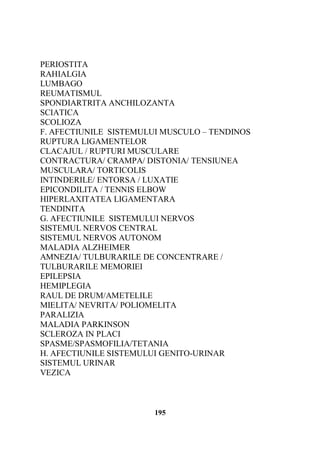 PERIOSTITA
RAHIALGIA
LUMBAGO
REUMATISMUL
SPONDIARTRITA ANCHILOZANTA
SCIATICA
SCOLIOZA
F. AFECTIUNILE SISTEMULUI MUSCULO – TENDINOS
RUPTURA LIGAMENTELOR
CLACAJUL / RUPTURI MUSCULARE
CONTRACTURA/ CRAMPA/ DISTONIA/ TENSIUNEA
MUSCULARA/ TORTICOLIS
INTINDERILE/ ENTORSA / LUXATIE
EPICONDILITA / TENNIS ELBOW
HIPERLAXITATEA LIGAMENTARA
TENDINITA
G. AFECTIUNILE SISTEMULUI NERVOS
SISTEMUL NERVOS CENTRAL
SISTEMUL NERVOS AUTONOM
MALADIA ALZHEIMER
AMNEZIA/ TULBURARILE DE CONCENTRARE /
TULBURARILE MEMORIEI
EPILEPSIA
HEMIPLEGIA
RAUL DE DRUM/AMETELILE
MIELITA/ NEVRITA/ POLIOMELITA
PARALIZIA
MALADIA PARKINSON
SCLEROZA IN PLACI
SPASME/SPASMOFILIA/TETANIA
H. AFECTIUNILE SISTEMULUI GENITO-URINAR
SISTEMUL URINAR
VEZICA

195

 