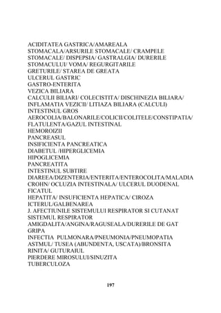 ACIDITATEA GASTRICA/AMAREALA
STOMACALA/ARSURILE STOMACALE/ CRAMPELE
STOMACALE/ DISPEPSIA/ GASTRALGIA/ DURERILE
STOMACULUI/ VOMA/ REGURGITARILE
GRETURILE/ STAREA DE GREATA
ULCERUL GASTRIC
GASTRO-ENTERITA
VEZICA BILIARA
CALCULII BILIARI/ COLECISTITA/ DISCHINEZIA BILIARA/
INFLAMATIA VEZICII/ LITIAZA BILIARA (CALCULI)
INTESTINUL GROS
AEROCOLIA/BALONARILE/COLICII/COLITELE/CONSTIPATIA/
FLATULENTA/GAZUL INTESTINAL
HEMOROIZII
PANCREASUL
INSIFICIENTA PANCREATICA
DIABETUL /HIPERGLICEMIA
HIPOGLICEMIA
PANCREATITA
INTESTINUL SUBTIRE
DIAREEA/DIZENTERIA/ENTERITA/ENTEROCOLITA/MALADIA
CROHN/ OCLUZIA INTESTINALA/ ULCERUL DUODENAL
FICATUL
HEPATITA/ INSUFICIENTA HEPATICA/ CIROZA
ICTERUL/GALBENAREA
J. AFECTIUNILE SISTEMULUI RESPIRATOR SI CUTANAT
SISTEMUL RESPIRATOR
AMIGDALITA/ANGINA/RAGUSEALA/DURERILE DE GAT
GRIPA
INFECTIA PULMONARA/PNEUMONIA/PNEUMOPATIA
ASTMUL/ TUSEA (ABUNDENTA, USCATA)/BRONSITA
RINITA/ GUTURAIUL
PIERDERE MIROSULUI/SINUZITA
TUBERCULOZA

197

 