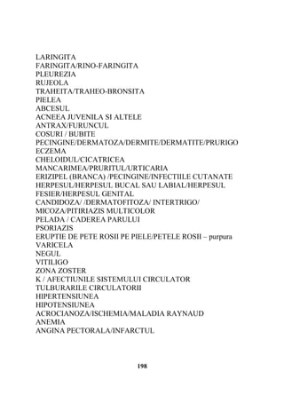 LARINGITA
FARINGITA/RINO-FARINGITA
PLEUREZIA
RUJEOLA
TRAHEITA/TRAHEO-BRONSITA
PIELEA
ABCESUL
ACNEEA JUVENILA SI ALTELE
ANTRAX/FURUNCUL
COSURI / BUBITE
PECINGINE/DERMATOZA/DERMITE/DERMATITE/PRURIGO
ECZEMA
CHELOIDUL/CICATRICEA
MANCARIMEA/PRURITUL/URTICARIA
ERIZIPEL (BRANCA) /PECINGINE/INFECTIILE CUTANATE
HERPESUL/HERPESUL BUCAL SAU LABIAL/HERPESUL
FESIER/HERPESUL GENITAL
CANDIDOZA/ /DERMATOFITOZA/ INTERTRIGO/
MICOZA/PITIRIAZIS MULTICOLOR
PELADA / CADEREA PARULUI
PSORIAZIS
ERUPTIE DE PETE ROSII PE PIELE/PETELE ROSII – purpura
VARICELA
NEGUL
VITILIGO
ZONA ZOSTER
K / AFECTIUNILE SISTEMULUI CIRCULATOR
TULBURARILE CIRCULATORII
HIPERTENSIUNEA
HIPOTENSIUNEA
ACROCIANOZA/ISCHEMIA/MALADIA RAYNAUD
ANEMIA
ANGINA PECTORALA/INFARCTUL

198

 