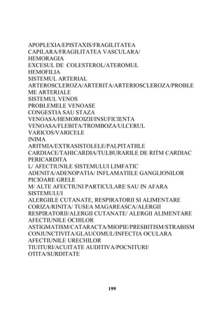 APOPLEXIA/EPISTAXIS/FRAGILITATEA
CAPILARA/FRAGILITATEA VASCULARA/
HEMORAGIA
EXCESUL DE COLESTEROL/ATEROMUL
HEMOFILIA
SISTEMUL ARTERIAL
ARTEROSCLEROZA/ARTERITA/ARTERIOSCLEROZA/PROBLE
ME ARTERIALE
SISTEMUL VENOS
PROBLEMELE VENOASE
CONGESTIA SAU STAZA
VENOASA/HEMOROIZII/INSUFICIENTA
VENOASA/FLEBITA/TROMBOZA/ULCERUL
VARICOS/VARICELE
INIMA
ARITMIA/EXTRASISTOLELE/PALPITATIILE
CARDIACE/TAHICARDIA/TULBURARILE DE RITM CARDIAC
PERICARDITA
L/ AFECTIUNILE SISTEMULUI LIMFATIC
ADENITA/ADENOPATIA/ INFLAMATIILE GANGLIONILOR
PICIOARE GRELE
M/ ALTE AFECTIUNI PARTICULARE SAU IN AFARA
SISTEMULUI
ALERGIILE CUTANATE, RESPIRATORII SI ALIMENTARE
CORIZA/RINITA/ TUSEA MAGAREASCA/ALERGII
RESPIRATORII/ALERGII CUTANATE/ ALERGII ALIMENTARE
AFECTIUNILE OCHILOR
ASTIGMATISM/CATARACTA/MIOPIE/PRESBITISM/STRABISM
CONJUNCTIVITA/GLAUCOMUL/INFECTIA OCULARA
AFECTIUNILE URECHILOR
TIUITURI/ACUITATE AUDITIVA/POCNITURI/
OTITA/SURDITATE

199

 