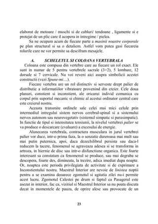 elaborat de motoare / muschi si de cabluri/ tendoane , ligamente si e
protejat de un plic care il acopera in intregime / pielea.
Sa ne ocupam acum de fiecare parte a masinii noastre corporale
pe plan structural si sa o detaliem. Astfel vom putea gasi fiecareia
rolurile care ne vor permite sa descifram mesajele.
A.
SCHELETUL SI COLOANA VERTEBRALA
Coloana este compusa din vertebre care au fiecare un rol exact. Ele
sunt in numar de 5 pentru vertebrele sacrale (3+2), 5 lombare, 12
dorsale si 7 cervicale. Nu voi reveni aici asupra simbolicii acestei
constructii (vezi Spune-mi…).
Fiecare vertebra are un rol distinctiv si serveste drept palier de
distributie a informatiilor vibratoare provenind din creier. Cele doua
planuri, constient si inconstient, ale oricarui individ comunica cu
corpul prin suportul mecanic si chimic al acestui ordinator central care
este creierul nostru.
Aceasta transmite ordinele sale celei mai mici celule prin
intermediul intregului sistem nervos cerebral-spinal si a sistemului
nervos autonom sau neurovegetativ (sistemul simpatic si parasimpatic).
In functie de tipul si intensitatea tensiunii, la nivelul vertebrei palier se
va produce o descarcare (evaluare) a excesului de energie.
Alunecarea vertebrala, contractura musculara in jurul vertebrei
palier vor duce, intr-o prima faza, la o senzatie dureroasa mai mult sau
mai putin puternica, apoi, daca dezechilibrul persista sau daca-l
reducem la tacere, fenomenul se agraveaza adesea si se transforma in
artroza, in hiernie de disc sau intr-o disfunctiune organica. Este foarte
interesant sa constatam ca fenomenul se produce, sau mai degraba se
descopera, foarte des, dimineata, la trezire, adica imediat dupa noapte.
Or, noaptea este perioda privilegiata de activitate si de exprimare a
Inconstientului nostru. Maestrul Interior are nevoie de linistea noptii
pentru a se examina deoarece zgomotul si agitatia zilei nu-i permite
acest lucru. Zgomotul Calestei pe drum si faptul ca Pasagerul este
asezat in interior, fac ca, vizitiul si Maestrul Interior sa nu poata discuta
decat in momentele de pauza, de oprire alese sau provocate de un

23

 