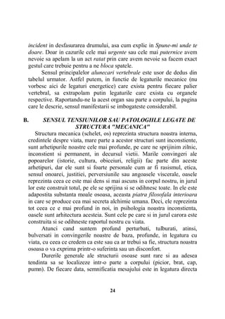 incident in desfasurarea drumului, asa cum explic in Spune-mi unde te
doare. Doar in cazurile cele mai urgente sau cele mai puternice avem
nevoie sa apelam la un act ratat prin care avem nevoie sa facem exact
gestul care trebuie pentru a ne bloca spatele.
Sensul principalelor alunecari vertebrale este usor de dedus din
tabelul urmator. Astfel putem, in functie de legaturile mecanice (nu
vorbesc aici de legaturi energetice) care exista pentru fiecare palier
vertebral, sa extrapolam putin legaturile care exista cu organele
respective. Raportandu-ne la acest organ sau parte a corpului, la pagina
care le descrie, sensul manifestarii se imbogateste considerabil.
B.

SENSUL TENSIUNILOR SAU PATOLOGIILE LEGATE DE
STRUCTURA "MECANICA"
Structura mecanica (schelet, os) reprezinta structura noastra interna,
credintele despre viata, mare parte a acestor structuri sunt inconstiente,
sunt arhetipurile noastre cele mai profunde, pe care ne sprijinim zilnic,
inconstient si permanent, in decursul vietii. Marile convingeri ale
popoarelor (istorie, cultura, obiceiuri, religii) fac parte din aceste
arhetipuri, dar ele sunt si foarte personale cum ar fi rasismul, etica,
sensul onoarei, justitiei, perversiunile sau angoasele viscerale, oasele
reprezinta ceea ce este mai dens si mai ascuns in corpul nostru, in jurul
lor este construit totul, pe ele se sprijina si se odihnesc toate. In ele este
adapostita substanta moale osoasa, aceasta piatra filosofala interioara
in care se produce cea mai secreta alchimie umana. Deci, ele reprezinta
tot ceea ce e mai profund in noi, in psihologia noastra inconstienta,
oasele sunt arhitectura acesteia. Sunt cele pe care si in jurul carora este
construita si se odihneste raportul nostru cu viata.
Atunci cand suntem profund perturbati, tulburati, atinsi,
bulversati in convingerile noastre de baza, profunde, in legatura cu
viata, cu ceea ce credem ca este sau ca ar trebui sa fie, structura noastra
osoasa o va exprima printr-o suferinta sau un disconfort.
Durerile generale ale structurii osoase sunt rare si au adesea
tendinta sa se localizeze intr-o parte a corpului (picior, brat, cap,
pumn). De fiecare data, semnificatia mesajului este in legatura directa

24

 