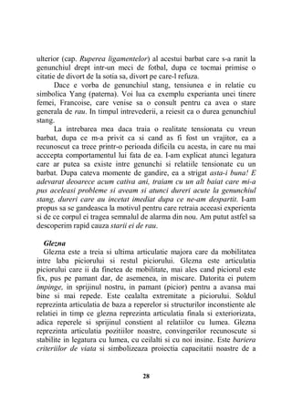 ulterior (cap. Ruperea ligamentelor) al acestui barbat care s-a ranit la
genunchiul drept intr-un meci de fotbal, dupa ce tocmai primise o
citatie de divort de la sotia sa, divort pe care-l refuza.
Dace e vorba de genunchiul stang, tensiunea e in relatie cu
simbolica Yang (paterna). Voi lua ca exemplu experianta unei tinere
femei, Francoise, care venise sa o consult pentru ca avea o stare
generala de rau. In timpul intrevederii, a reiesit ca o durea genunchiul
stang.
La intrebarea mea daca traia o realitate tensionata cu vreun
barbat, dupa ce m-a privit ca si cand as fi fost un vrajitor, ea a
recunoscut ca trece printr-o perioada dificila cu acesta, in care nu mai
acccepta comportamentul lui fata de ea. I-am explicat atunci legatura
care ar putea sa existe intre genunchi si relatiile tensionate cu un
barbat. Dupa cateva momente de gandire, ea a strigat asta-i buna! E
adevarat deoarece acum cativa ani, traiam cu un alt baiat care mi-a
pus aceleasi probleme si aveam si atunci dureri acute la genunchiul
stang, dureri care au incetat imediat dupa ce ne-am despartit. I-am
propus sa se gandeasca la motivul pentru care retraia aceeasi experienta
si de ce corpul ei tragea semnalul de alarma din nou. Am putut astfel sa
descoperim rapid cauza starii ei de rau.
Glezna
Glezna este a treia si ultima articulatie majora care da mobilitatea
intre laba piciorului si restul piciorului. Glezna este articulatia
piciorului care ii da finetea de mobilitate, mai ales cand piciorul este
fix, pus pe pamant dar, de asemenea, in miscare. Datorita ei putem
impinge, in sprijinul nostru, in pamant (picior) pentru a avansa mai
bine si mai repede. Este cealalta extremitate a piciorului. Soldul
reprezinta articulatia de baza a reperelor si structurilor inconstiente ale
relatiei in timp ce glezna reprezinta articulatia finala si exteriorizata,
adica reperele si sprijinul constient al relatiilor cu lumea. Glezna
reprezinta articulatia pozitiilor noastre, convingerilor recunoscute si
stabilite in legatura cu lumea, cu ceilalti si cu noi insine. Este bariera
criteriilor de viata si simbolizeaza proiectia capacitatii noastre de a

28

 