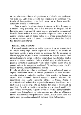nu mai stia ce atitudine sa adopte fata de schimbarile structurale care
vor avea loc. Cele doua axe cele mai importante ale dinamicii Yin,
femeia si intreprinderea, erau deci cauza, intr-o forma deschisa,
constienta, oficiala si recunoscuta.
Daca e vorba de glezna stanga, tensiunea va fi in legatura cu
simbolica Yang (paterna). Asta i s-a intamplat lui Jacques sau lui
Francoise care si-au scrantit glezna stanga, unul pentru ca superiorul
ierarhic, foarte inaintat in varsta, nu voia sa-i predea stafeta si nu stia
cum sa-i spuna, si celalalt pentru ca fiul lui se droga, avea dificultati sa
recunoasca aceasta situatie si nu stia ce atitudine sa adopte fata de el si
fata de lumea din exterior.
Piciorul / Laba piciorului
E vorba de punctul nostru de sprijin pe pamant, partea pe care sta si
se sprijina intreg corpul pentru deplasari si miscari. El ne permite sa
impingem inainte si prin urmare sa avensam, dar de asemenea sa
blocam sprijinul si prin urmare sa ramanem in aceeasi pozitie. Deci
piciorul reprezinta lumea pozitiilor, extremitatea manifestata a relatiei
noastre cu lumea exterioara. Piciorul simbolizeaza atitudinile noastre,
pozitiile afirmate si recunoscute, rolul oficial pe care-l jucam. Oare nu
punem piciorul in usa pentru a o bloca? Piciorul reprezinta criteriile
noastre de viata, mai exact idealurile noastre.
E vorba de cheia simbolica a sprijinului nostru relational, ceea ce
explica importanta ritualului spalarii picioarelor in toate traditiile.
Aceasta spalare a piciorelor purifica relatia noastra cu lumea, cu
divinul. Este simbolul libertatii deoarece permite miscarea. Nu
intamplator sunt legate picioarele fetitelor in China. Avand o
semnificatie erotica si estetica, se permite inchiderea femeii intr-o lume
relationala a dependentei fata de barbat, limitandu-i potentialul de
mobilitate. De altfel acelasi fenomen exista si in societatile occidentale
unde femeile erau nevoite sa poarte tocuri cui pentru a corespunde unui
anumit tipar. Intamplator, s-a putut constata ca, odata cu eliberarea
femeii, inaltimea tocurilor pantofilor a scazut. Astazi, din ce in ce mai
multe femei nu poarta decat pantofi cu tocuri plate. (talpa plata).

30

 