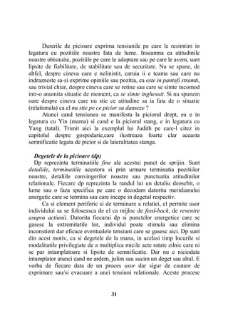 Durerile de picioare exprima tensiunile pe care le resimtim in
legatura cu pozitiile noastre fata de lume. Inseamna ca atitudinile
noastre obisnuite, pozitiile pe care le adoptam sau pe care le avem, sunt
lipsite de fiabilitate, de stabilitate sau de securitate. Nu se spune, de
altfel, despre cineva care e nelinistit, caruia ii e teama sau care nu
indrazneste sa-si exprime opiniile sau pozitia, ca este in pantofi stramti,
sau trivial chiar, despre cineva care se retine sau care se simte incomod
intr-o anumita situatie de moment, ca se simte inghesuit. Si nu spunem
oare despre cineva care nu stie ce atitudine sa ia fata de o situatie
(relationala) ca el nu stie pe ce picior sa danseze ?
Atunci cand tensiunea se manifesta la piciorul drept, ea e in
legatura cu Yin (mama) si cand e la piciorul stang, e in legatura cu
Yang (tatal). Trimit aici la exemplul lui Judith pe care-l citez in
capitolul despre gospodarie,care ilustreaza foarte clar aceasta
semnificatie legata de picior si de lateralitatea stanga.
Degetele de la picioare (dp)
Dp reprezinta terminatiile fine ale acestui punct de sprijin. Sunt
detaliile, terminatiile acestora si prin urmare terminatia pozitiilor
noastre, detaliile convingerilor noastre sau punctuatia atitudinilor
relationale. Fiecare dp reprezinta la randul lui un detaliu deosebit, o
lume sau o faza specifica pe care o decodam datorita meridianului
energetic care se termina sau care incepe in degetul respectiv.
Ca si element periferic si de terminare a relatiei, el permite usor
individului sa se foloseasca de el ca mijloc de feed-back, de revenire
asupra actiunii. Datorita fiecarui dp si punctelor energetice care se
gasesc la extremitatile lor, individul poate stimula sau elimina
inconstient dar eficace eventualele tensiuni care se gasesc aici. Dp sunt
din acest motiv, ca si degetele de la mana, in acelasi timp locurile si
modalitatile privilegiate de a multiplica micile acte ratate zilnic care ni
se par intamplatoare si lipsite de semnificatie. Dar nu e niciodata
intamplator atunci cand ne ardem, julim sau sucim un deget sau altul. E
vorba de fiecare data de un proces usor dar sigur de cautare de
exprimare sau/si evacuare a unei tensiuni relationale. Aceste procese

31

 