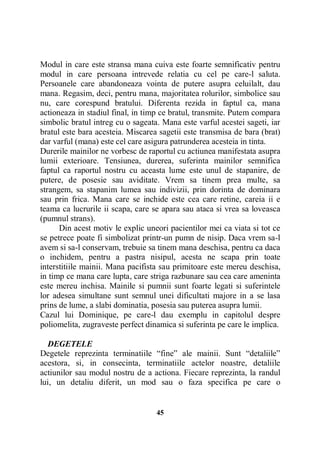 Modul in care este stransa mana cuiva este foarte semnificativ pentru
modul in care persoana intrevede relatia cu cel pe care-l saluta.
Persoanele care abandoneaza vointa de putere asupra celuilalt, dau
mana. Regasim, deci, pentru mana, majoritatea rolurilor, simbolice sau
nu, care corespund bratului. Diferenta rezida in faptul ca, mana
actioneaza in stadiul final, in timp ce bratul, transmite. Putem compara
simbolic bratul intreg cu o sageata. Mana este varful acestei sageti, iar
bratul este bara acesteia. Miscarea sagetii este transmisa de bara (brat)
dar varful (mana) este cel care asigura patrunderea acesteia in tinta.
Durerile mainilor ne vorbesc de raportul cu actiunea manifestata asupra
lumii exterioare. Tensiunea, durerea, suferinta mainilor semnifica
faptul ca raportul nostru cu aceasta lume este unul de stapanire, de
putere, de posesie sau aviditate. Vrem sa tinem prea multe, sa
strangem, sa stapanim lumea sau indivizii, prin dorinta de dominara
sau prin frica. Mana care se inchide este cea care retine, careia ii e
teama ca lucrurile ii scapa, care se apara sau ataca si vrea sa loveasca
(pumnul strans).
Din acest motiv le explic uneori pacientilor mei ca viata si tot ce
se petrece poate fi simbolizat printr-un pumn de nisip. Daca vrem sa-l
avem si sa-l conservam, trebuie sa tinem mana deschisa, pentru ca daca
o inchidem, pentru a pastra nisipul, acesta ne scapa prin toate
interstitiile mainii. Mana pacifista sau primitoare este mereu deschisa,
in timp ce mana care lupta, care striga razbunare sau cea care ameninta
este mereu inchisa. Mainile si pumnii sunt foarte legati si suferintele
lor adesea simultane sunt semnul unei dificultati majore in a se lasa
prins de lume, a slabi dominatia, posesia sau puterea asupra lumii.
Cazul lui Dominique, pe care-l dau exemplu in capitolul despre
poliomelita, zugraveste perfect dinamica si suferinta pe care le implica.
DEGETELE
Degetele reprezinta terminatiile “fine” ale mainii. Sunt “detaliile”
acestora, si, in consecinta, terminatiile actelor noastre, detaliile
actiunilor sau modul nostru de a actiona. Fiecare reprezinta, la randul
lui, un detaliu diferit, un mod sau o faza specifica pe care o

45

 