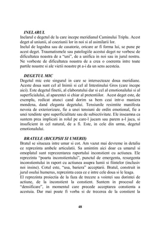 INELARUL
Inelarul e degetul de la care incepe meridianul Caminului Triplu. Acest
deget al uniunii, al coeziunii lor in noi si al asimilarii lor.
Inelul de logodna sau de casatorie, oricare ar fi forma lui, se pune pe
acest deget. Traumatismele sau patologiile acestui deget ne vorbesc de
dificultatea noastra de a “uni”, de a unifica in noi sau in jurul nostru.
Ne vorbeste de dificultatea noastra de a crea o coerenta intre toate
partile noastre si ale vietii noastre pt a-i da un sens acesteia.
DEGETUL MIC
Degetul mic este singurul in care se intersecteaze doua meridiane.
Aceste doua sunt cel al Inimii si cel al Intestinului Gros (care incepe
aici). Este degetul finetii, al elaboratului dar si cel al emotionalului si al
superficialului, al aparentei si chiar al pretentiilor. Acest deget este, de
exemplu, redicat atunci cand dorim sa bem ceai intr-o maniera
mondena, dand eleganta degetului. Tensiunile resimtite manifesta
nevoia de exteriorizare, fie a unei tensiuni de ordin emotional, fie a
unei tendinte spre superficialitate sau de subiectivitate. Ele inseamna ca
suntem prea implicati in rolul pe care-l jucam sau parem a-l juca, si
insuficient in cel natural, de a fi. Este, in cele din urma, degetul
emotionalului.
BRATELE (BICEPSII SI UMERII)
Bratul se situeaza intre umar si cot. Am vazut mai devreme in detaliu
ce reprezinta ambele articulatii. Sa amintim aici doar ca umarul si
omoplatul sunt reprezentarea raportului inconstient cu actiunea. Ele
reprezinta “poarta inconstientului”, punctul de emergenta, resurgenta
inconstientului in raport cu actiunea asupra lumii si fiintelor (inclusiv
noi insine). Cotul este, “usa, bariera” acceptarii. Bratul, construit in
jurul osului humerus, reprezinta ceea ce e intre cele doua si le leaga.
El reprezinta proiectia de la faza de trecere a vointei sau dorintei de
actiune, de la inconstient la constient. Suntem in procesul de
“densificare”, in momentul care precede acceptarea constienta a
acestuia. Dar mai poate fi vorba si de trecerea de la constient la

48

 