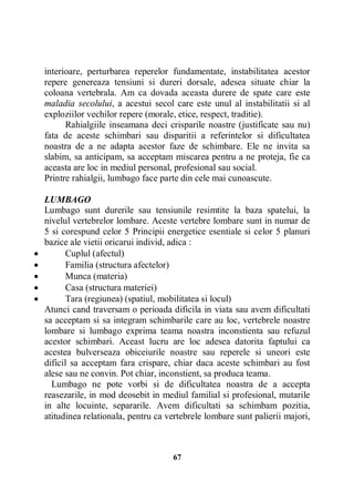 interioare, perturbarea reperelor fundamentate, instabilitatea acestor
repere genereaza tensiuni si dureri dorsale, adesea situate chiar la
coloana vertebrala. Am ca dovada aceasta durere de spate care este
maladia secolului, a acestui secol care este unul al instabilitatii si al
exploziilor vechilor repere (morale, etice, respect, traditie).
Rahialgiile inseamana deci crisparile noastre (justificate sau nu)
fata de aceste schimbari sau disparitii a referintelor si dificultatea
noastra de a ne adapta acestor faze de schimbare. Ele ne invita sa
slabim, sa anticipam, sa acceptam miscarea pentru a ne proteja, fie ca
aceasta are loc in mediul personal, profesional sau social.
Printre rahialgii, lumbago face parte din cele mai cunoascute.







LUMBAGO
Lumbago sunt durerile sau tensiunile resimtite la baza spatelui, la
nivelul vertebrelor lombare. Aceste vertebre lombare sunt in numar de
5 si corespund celor 5 Principii energetice esentiale si celor 5 planuri
bazice ale vietii oricarui individ, adica :
Cuplul (afectul)
Familia (structura afectelor)
Munca (materia)
Casa (structura materiei)
Tara (regiunea) (spatiul, mobilitatea si locul)
Atunci cand traversam o perioada dificila in viata sau avem dificultati
sa acceptam si sa integram schimbarile care au loc, vertebrele noastre
lombare si lumbago exprima teama noastra inconstienta sau refuzul
acestor schimbari. Aceast lucru are loc adesea datorita faptului ca
acestea bulverseaza obiceiurile noastre sau reperele si uneori este
dificil sa acceptam fara crispare, chiar daca aceste schimbari au fost
alese sau ne convin. Pot chiar, inconstient, sa produca teama.
Lumbago ne pote vorbi si de dificultatea noastra de a accepta
reasezarile, in mod deosebit in mediul familial si profesional, mutarile
in alte locuinte, separarile. Avem dificultati sa schimbam pozitia,
atitudinea relationala, pentru ca vertebrele lombare sunt palierii majori,

67

 