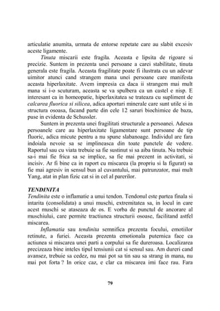 articulatie anumita, urmata de entorse repetate care au slabit excesiv
aceste ligamente.
Tinuta miscarii este fragila. Aceasta e lipsita de rigoare si
precizie. Suntem in prezenta unei persoane a carei stabilitate, tinuta
generala este fragila. Aceasta fragilitate poate fi ilustrata cu un adevar
uimitor atunci cand strangem mana unei persoane care manifesta
aceasta hiperlaxitate. Avem impresia ca daca ii strangem mai mult
mana si i-o scuturam, aceasta se va spulbera ca un castel e nisp. E
interesant ca in homeopatie, hiperlaxitatea se trateaza cu supliment de
calcarea fluorica si silicea, adica aporturi minerale care sunt utile si in
structura osoasa, facand parte din cele 12 saruri biochimice de baza,
puse in evidenta de Schussler.
Suntem in prezenta unei fragilitati structurale a persoanei. Adesea
persoanele care au hiperlaxitate ligamentare sunt persoane de tip
fluoric, adica micute pentru a nu spune slabanoage. Individul are fara
indoiala nevoie sa se implineasca din toate punctele de vedere.
Raportul sau cu viata trebuie sa fie sustinut si sa aiba tinuta. Nu trebuie
sa-i mai fie frica sa se implice, sa fie mai prezent in activitati, si
incisiv. Ar fi bine ca in raport cu miscarea (la propriu si la figurat) sa
fie mai agresiv in sensul bun al cuvantului, mai patrunzator, mai mult
Yang, atat in plan fizic cat si in cel al parerilor.
TENDINITA
Tendinita este o inflamatie a unui tendon. Tendonul este partea finala si
intarita (consolidata) a unui muschi, extremitatea sa, in locul in care
acest muschi se ataseaza de os. E vorba de punctul de ancorare al
muschiului, care permite tractiunea structurii osoase, facilitand astfel
miscarea.
Inflamatia sau tendinita semnifica prezenta focului, emotiilor
retinute, a furiei. Aceasta prezenta emotionala puternica face ca
actiunea si miscarea unei parti a corpului sa fie dureroasa. Localizarea
precizeaza bine inteles tipul tensiunii cat si sensul sau. Am dureri cand
avansez, trebuie sa cedez, nu mai pot sa tin sau sa strang in mana, nu
mai pot forta ? In orice caz, e clar ca miscarea imi face rau. Fara

79

 