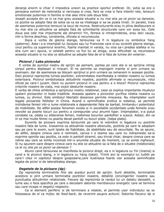 deranja enorm si chiar il impiedica uneori sa practice sportul preferat. Or, sotia sa era o
persoana extrem de nelinistita si nervoasa si crea, fara se vrea si fara intentii rele, tensiuni
emotionale puternice in familie si mai ales intre cele doua fete.
Joseph accepta din ce in ce mai greu aceasta situatie si nu mai stia pe ce picior sa danseze,
ce pozitie sa adopte fata de sotia sa ca ea sa inteleaga si sa se poata linisti. In paralel, traia
de asemenea puternice tensiuni la locul de munca. Restructurarile erau in plina desfasurare si
nu mai stia ce atitudine sa adopte fata de schimbarile structurale care vor avea loc. Cele
doua axe cele mai importante ale dinamicii Yin, femeia si intreprinderea, erau deci cauza,
intr-o forma deschisa, constienta, oficiala si recunoscuta.
       Daca e vorba de glezna stanga, tensiunea va fi in legatura cu simbolica Yang
(paterna). Asta i s-a intamplat lui Jacques sau lui Francoise care si-au scrantit glezna stanga,
unul pentru ca superiorul ierarhic, foarte inaintat in varsta, nu voia sa-i predea stafeta si nu
stia cum sa-i spuna, si celalalt pentru ca fiul lui se droga, avea dificultati sa recunoasca
aceasta situatie si nu stia ce atitudine sa adopte fata de el si fata de lumea din exterior.

   Piciorul / Laba piciorului
   E vorba de punctul nostru de sprijin pe pamant, partea pe care sta si se sprijina intreg
corpul pentru deplasari si miscari. El ne permite sa impingem inainte si prin urmare sa
avensam, dar de asemenea sa blocam sprijinul si prin urmare sa ramanem in aceeasi pozitie.
Deci piciorul reprezinta lumea pozitiilor, extremitatea manifestata a relatiei noastre cu lumea
exterioara. Piciorul simbolizeaza atitudinile noastre, pozitiile afirmate si recunoscute, rolul
oficial pe care-l jucam. Oare nu punem piciorul in usa pentru a o bloca? Piciorul reprezinta
criteriile noastre de viata, mai exact idealurile noastre.
E vorba de cheia simbolica a sprijinului nostru relational, ceea ce explica importanta ritualului
spalarii picioarelor in toate traditiile. Aceasta spalare a piciorelor purifica relatia noastra cu
lumea, cu divinul. Este simbolul libertatii deoarece permite miscarea. Nu intamplator sunt
legate picioarele fetitelor in China. Avand o semnificatie erotica si estetica, se permite
inchiderea femeii intr-o lume relationala a dependentei fata de barbat, limitandu-i potentialul
de mobilitate. De altfel acelasi fenomen exista si in societatile occidentale unde femeile erau
nevoite sa poarte tocuri cui pentru a corespunde unui anumit tipar. Intamplator, s-a putut
constata ca, odata cu eliberarea femeii, inaltimea tocurilor pantofilor a scazut. Astazi, din ce
in ce mai multe femei nu poarta decat pantofi cu tocuri plate. (talpa plata).
        Durerile de picioare exprima tensiunile pe care le resimtim in legatura cu pozitiile
noastre fata de lume. Inseamna ca atitudinile noastre obisnuite, pozitiile pe care le adoptam
sau pe care le avem, sunt lipsite de fiabilitate, de stabilitate sau de securitate. Nu se spune,
de altfel, despre cineva care e nelinistit, caruia ii e teama sau care nu indrazneste sa-si
exprime opiniile sau pozitia, ca este in pantofi stramti, sau trivial chiar, despre cineva care se
retine sau care se simte incomod intr-o anumita situatie de moment, ca se simte inghesuit.
Si nu spunem oare despre cineva care nu stie ce atitudine sa ia fata de o situatie (relationala)
ca el nu stie pe ce picior sa danseze ?
        Atunci cand tensiunea se manifesta la piciorul drept, ea e in legatura cu Yin (mama) si
cand e la piciorul stang, e in legatura cu Yang (tatal). Trimit aici la exemplul lui Judith pe
care-l citez in capitolul despre gospodarie,care ilustreaza foarte clar aceasta semnificatie
legata de picior si de lateralitatea stanga.

   Degetele de la picioare (dp)
   Dp reprezinta terminatiile fine ale acestui punct de sprijin. Sunt detaliile, terminatiile
acestora si prin urmare terminatia pozitiilor noastre, detaliile convingerilor noastre sau
punctuatia atitudinilor relationale. Fiecare dp reprezinta la randul lui un detaliu deosebit, o
lume sau o faza specifica pe care o decodam datorita meridianului energetic care se termina
sau care incepe in degetul respectiv.
       Ca si element periferic si de terminare a relatiei, el permite usor individului sa se
foloseasca de el ca mijloc de feed-back, de revenire asupra actiunii. Datorita fiecarui dp si

                                                                                               16
 