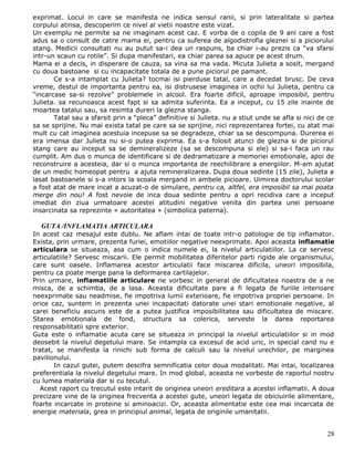 exprimat. Locul in care se manifesta ne indica sensul ranii, si prin lateralitate si partea
corpului atinsa, descoperim ce nivel al vietii noastre este vizat.
Un exemplu ne permite sa ne imaginam acest caz. E vorba de o copila de 9 ani care a fost
adus sa o consult de catre mama ei, pentru ca suferea de algodistrofia gleznei si a piciorului
stang. Medicii consultati nu au putut sa-i dea un raspuns, ba chiar i-au prezis ca “va sfarsi
intr-un scaun cu rotile”. Si dupa manifestari, ea chiar parea sa apuce pe acest drum.
Mama ei a decis, in disperare de cauza, sa vina sa ma vada. Micuta Julieta a sosit, mergand
cu doua bastoane si cu incapacitate totala de a pune piciorul pe pamant.
       Ce s-a intamplat cu Julieta? tocmai isi pierduse tatal, care a decedat brusc. De ceva
vreme, destul de importanta pentru ea, isi distrusese imaginea in ochii lui Julieta, pentru ca
“incarcase sa-si rezolve” problemele in alcool. Era foarte dificil, aproape imposibil, pentru
Julieta. sa recunoasca acest fapt si sa admita suferinta. Ea a inceput, cu 15 zile inainte de
moartea tatalui sau, sa resimta dureri la glezna stanga.
       Tatal sau a sfarsit prin a “pleca” definitive si Julieta. nu a stiut unde se afla si nici de ce
sa se sprijine. Nu mai exista tatal pe care sa se sprijine, nici reprezentarea fortei, cu atat mai
mult cu cat imaginea acestuia incepuse sa se degradeze, chiar sa se descompuna. Durerea ei
era imensa dar Julieta nu si-o putea exprima. Ea s-a folosit atunci de glezna si de piciorul
stang care au inceput sa se demineralizeze (sa se descompuna si ele) si sa-i faca un rau
cumplit. Am dus o munca de identificare si de dedramatizare a memoriei emotionale, apoi de
reconstruire a acesteia, dar si o munca importanta de reechilibrare a energiilor. M-am ajutat
de un medic homeopat pentru a ajuta remineralizarea. Dupa doua sedinte (15 zile), Julieta a
lasat bastoanele si s-a intors la scoala mergand in ambele picioare. Uimirea doctorului scolar
a fost atat de mare incat a acuzat-o de simulare, pentru ca, altfel, era imposibil sa mai poata
merge din nou! A fost nevoie de inca doua sedinte pentru a opri recidiva care a inceput
imediat din ziua urmatoare acestei atitudini negative venita din partea unei persoane
insarcinata sa reprezinte « autoritatea » (simbolica paterna).

  GUTA /INFLAMATIA ARTICULARA
In acest caz mesajul este dublu. Ne aflam intai de toate intr-o patologie de tip inflamator.
Exista, prin urmare, prezenta furiei, emotiilor negative neexprimate. Apoi aceasta inflamatie
articulara se situeaza, asa cum o indica numele ei, la nivelul articulatiilor. La ce servesc
articulatiile? Servesc miscarii. Ele permit mobilitatea diferitelor parti rigide ale organismului,
care sunt oasele. Inflamarea acestor articulatii face miscarea dificila, uneori imposibila,
pentru ca poate merge pana la deformarea cartilajelor.
Prin urmare, inflamatiile articulare ne vorbesc in general de dificultatea noastra de a ne
misca, de a schimba, de a lasa. Aceasta dificultate pare a fi legata de furiile interioare
neexprimate sau neadmise, fie impotriva lumii exterioare, fie impotriva propriei persoane. In
orice caz, suntem in prezenta unei incapacitati datorate unei stari emotionale negative, al
carei beneficiu ascuns este de a putea justifica imposibilitatea sau dificultatea de miscare.
Starea emotionala de fond, structura sa colerica, serveste la darea reportarea
responsabilitatii spre exterior.
Guta este o inflamatie acuta care se situeaza in principal la nivelul articulatiilor si in mod
deosebit la nivelul degetului mare. Se intampla ca excesul de acid uric, in special cand nu e
tratat, se manifesta la rinichi sub forma de calculi sau la nivelul urechilor, pe marginea
pavilionului.
       In cazul gutei, putem descifra semnificatia celor doua modalitati. Mai intai, localizarea
preferentiala la nivelul degetului mare. In mod global, aceasta ne vorbeste de raportul nostru
cu lumea materiala dar si cu tecutul.
  Acest raport cu trecutul este intarit de originea uneori ereditara a acestei inflamatii. A doua
precizare vine de la originea frecventa a acestei gute, uneori legata de obiciuirile alimentare,
foarte incarcate in proteine si aminoacizi. Or, aceasta alimentatie este cea mai incarcata de
energie materiala, grea in principiul animal, legata de originile umanitatii.


                                                                                                   28
 