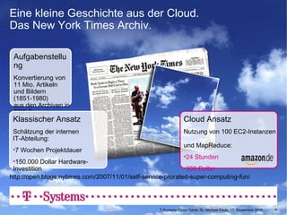 Eine kleine Geschichte aus der Cloud. Das New York Times Archiv. Aufgabenstellung Konvertierung von  11 Mio. Artikeln und Bildern (1851-1980)  aus den Archiven in PDF-Format. http://open.blogs.nytimes.com/2007/11/01/self-service-prorated-super-computing-fun/ Klassischer Ansatz Schätzung der internen  IT-Abteilung: 7 Wochen Projektdauer  150.000 Dollar Hardware-Investition T-Systems Cloud Camp, Dr. Michael Pauly, 17. September 2010 Cloud Ansatz Nutzung von 100 EC2-Instanzen  und MapReduce:  24 Stunden  300 Dollar 