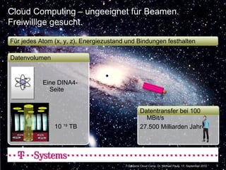 Für jedes Atom (x, y, z), Energiezustand und Bindungen festhalten Cloud Computing – ungeeignet für Beamen. Freiwillige gesucht. 10  19  TB Datenvolumen Datentransfer bei 100 MBit/s 27.500 Milliarden Jahre Eine DINA4-Seite T-Systems Cloud Camp, Dr. Michael Pauly, 17. September 2010 