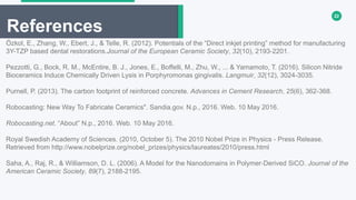 22
References
Özkol, E., Zhang, W., Ebert, J., & Telle, R. (2012). Potentials of the “Direct inkjet printing” method for manufacturing
3Y-TZP based dental restorations.Journal of the European Ceramic Society, 32(10), 2193-2201.
Pezzotti, G., Bock, R. M., McEntire, B. J., Jones, E., Boffelli, M., Zhu, W., ... & Yamamoto, T. (2016). Silicon Nitride
Bioceramics Induce Chemically Driven Lysis in Porphyromonas gingivalis. Langmuir, 32(12), 3024-3035.
Purnell, P. (2013). The carbon footprint of reinforced concrete. Advances in Cement Research, 25(6), 362-368.
Robocasting: New Way To Fabricate Ceramics". Sandia.gov. N.p., 2016. Web. 10 May 2016.
Robocasting.net. “About” N.p., 2016. Web. 10 May 2016.
Royal Swedish Academy of Sciences. (2010, October 5). The 2010 Nobel Prize in Physics - Press Release.
Retrieved from http://www.nobelprize.org/nobel_prizes/physics/laureates/2010/press.html
Saha, A., Raj, R., & Williamson, D. L. (2006). A Model for the Nanodomains in Polymer‐Derived SiCO. Journal of the
American Ceramic Society, 89(7), 2188-2195.
 