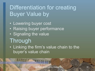 Differentiation for creating Buyer Value by <ul><li>Lowering buyer cost </li></ul><ul><li>Raising buyer performance </li><...
