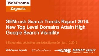 @twitterhandle
August 10–12, 2015 | #CZLSF | @ClickZLive
@radioms
SEMrush Search Trends Report 2016:
New Top Level Domains Attain High
Google Search Visibility
SEMrush data originally presented at NamesCon Jan. 10, 2016
@WebPromoExperts
 