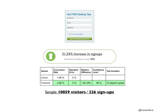 @ContentVerve 
31,54% increase in signups 
Sta$s$cal(Confidence(Level(99% 
Variant Conversion 
Rate 
Standard 
Error 
Relative 
Difference 
Confidence 
Level Test Duration 
Control 1.98 % 0 % 
Treatment 2.58 % 0 % +35.19% 99 % 14 days/2 cycles 
Sample: 10059 visitors / 226 sign-ups 
 