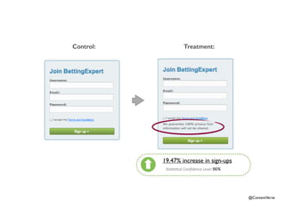@ContentVerve 
Control: Treatment: 
19.47% increase in sign-ups 
Sta$s$cal(Confidence(Level(96% 
 