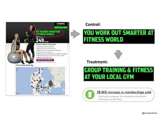 YOU WORK OUT SMARTER AT 
FITNESS WORLD 
@ContentVerve 
Control: 
Treatment: 
GROUP TRAINING & FITNESS 
AT YOUR LOCAL GYM 
38.46% increase in memberships sold 
During(the(campaign,(the(treatment(sold(38.46%( 
more(gym(memberships 
 