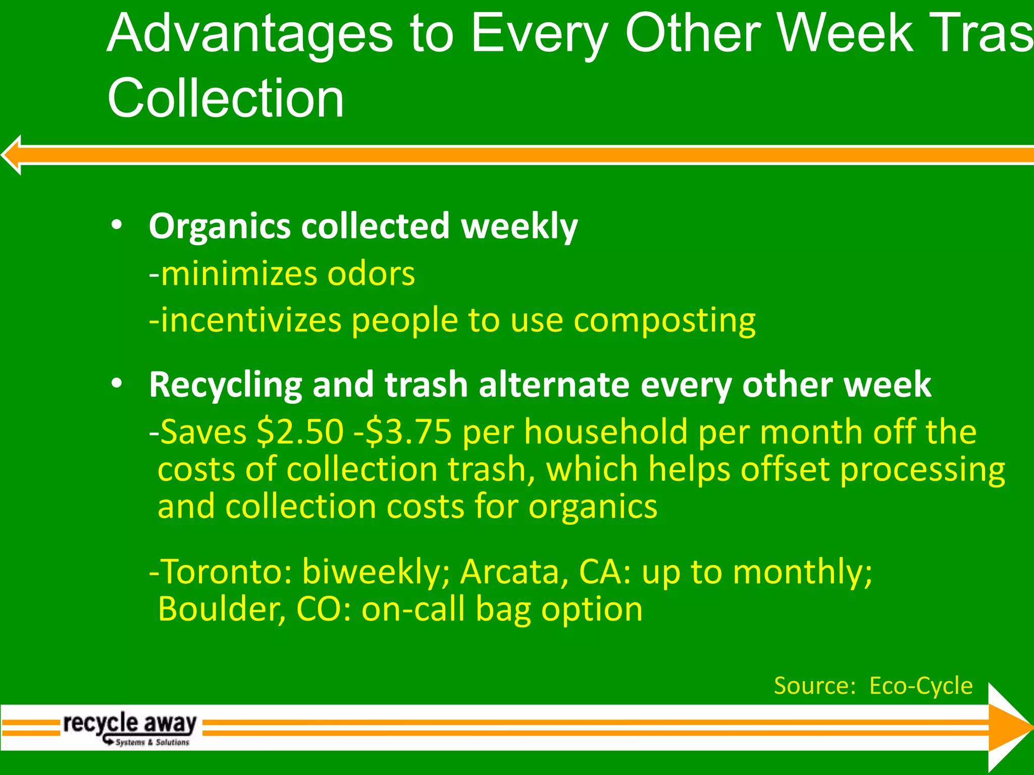 Advantages to Every Other Week Trash CollectionOrganics collected weekly	-minimizes odors	-incentivizes people to use composting Recycling and trash alternate every other week	-Saves $2.50 ‐$3.75 per household per month off the  costs of collection trash, which helps offset processing  and collection costs for organics	-Toronto: biweekly; Arcata, CA: up to monthly;  Boulder, CO: on‐call bag option Source:  Eco-Cycle