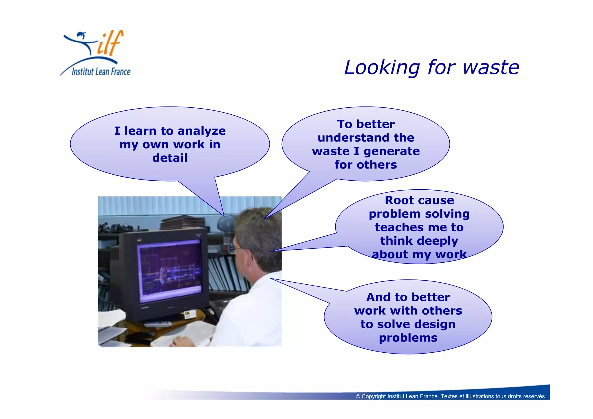 © Copyright Institut Lean France. Textes et illustrations tous droits réservés
Looking for waste
I learn to analyze
my own work in
detail
To better
understand the
waste I generate
for others
Root cause
about my work
Root cause
problem solving
teaches me to
think deeply
about my work
And to better
work with others
to solve design
problems
 