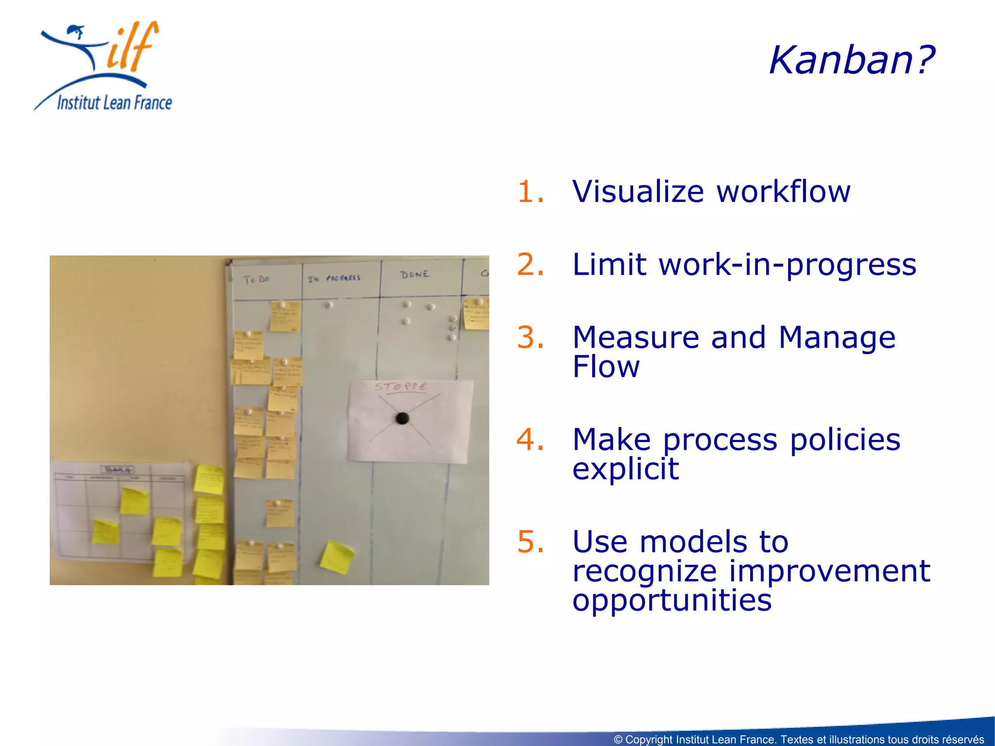 Kanban?
1. Visualize workflow
2. Limit work-in-progress

3. Measure and Manage
Flow
4. Make process policies
explicit
5. Use models to
recognize improvement
opportunities

© Copyright Institut Lean France. Textes et illustrations tous droits réservés

 